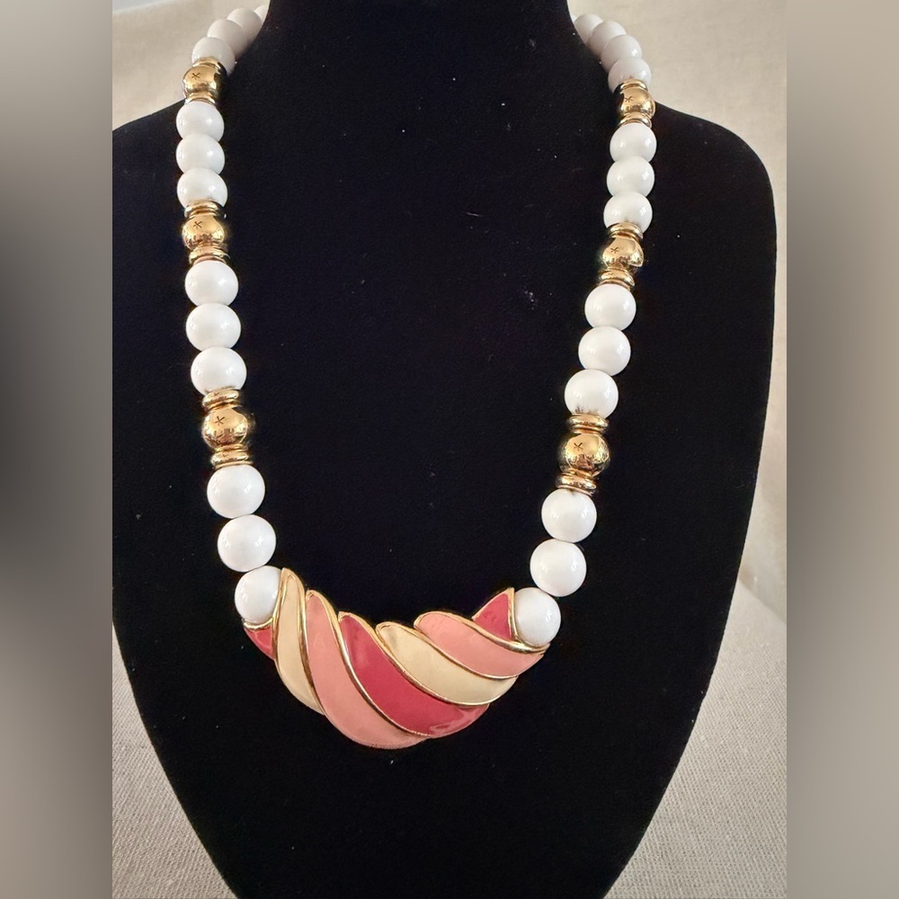 Napier Vintage Gold & White Beaded Necklace with Pink and Coral Enamel Pendant